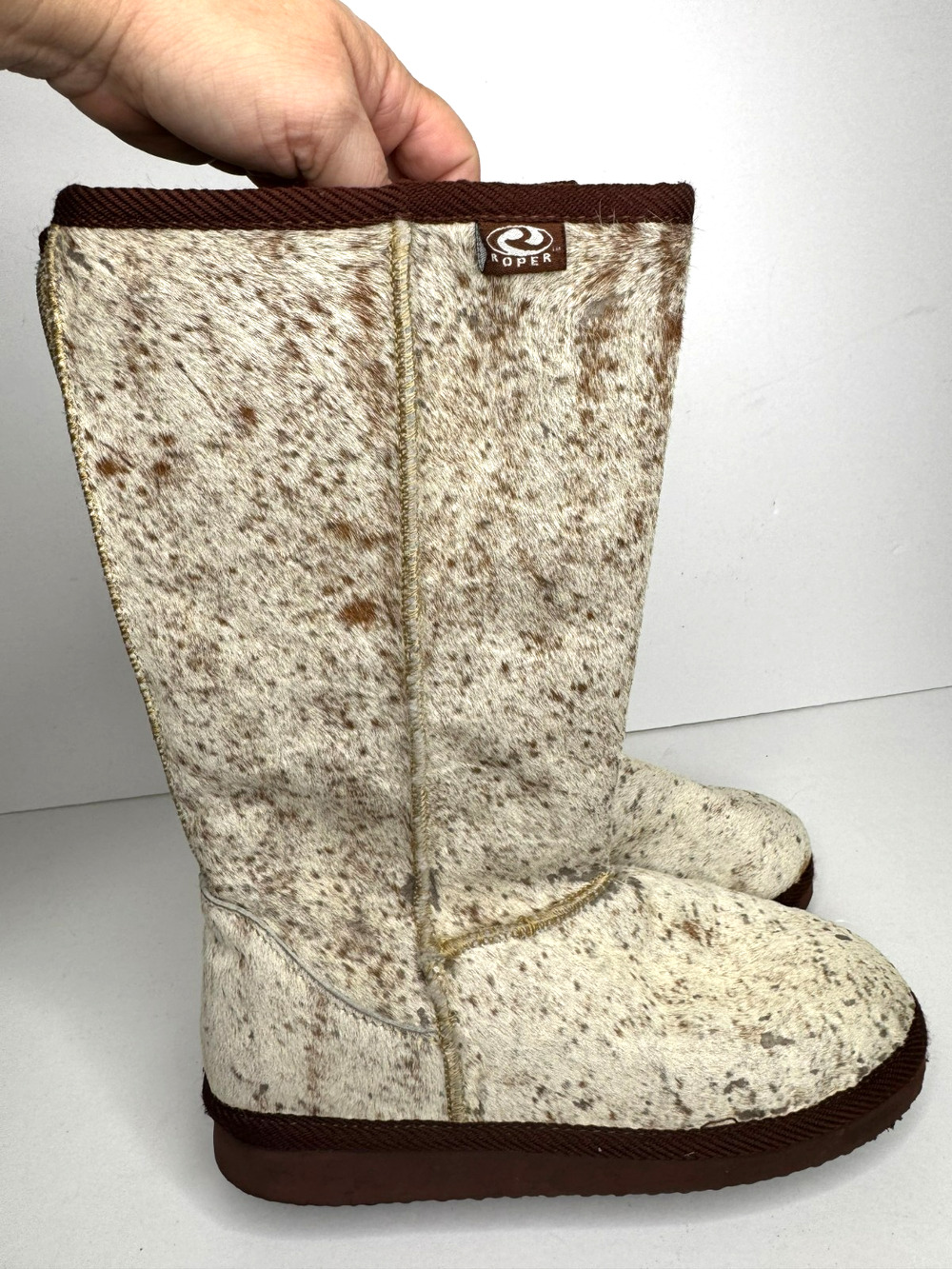 Roper Boots Womens 8 Leather Hair on Hide Fleece Lined Winter Pull On Rubber